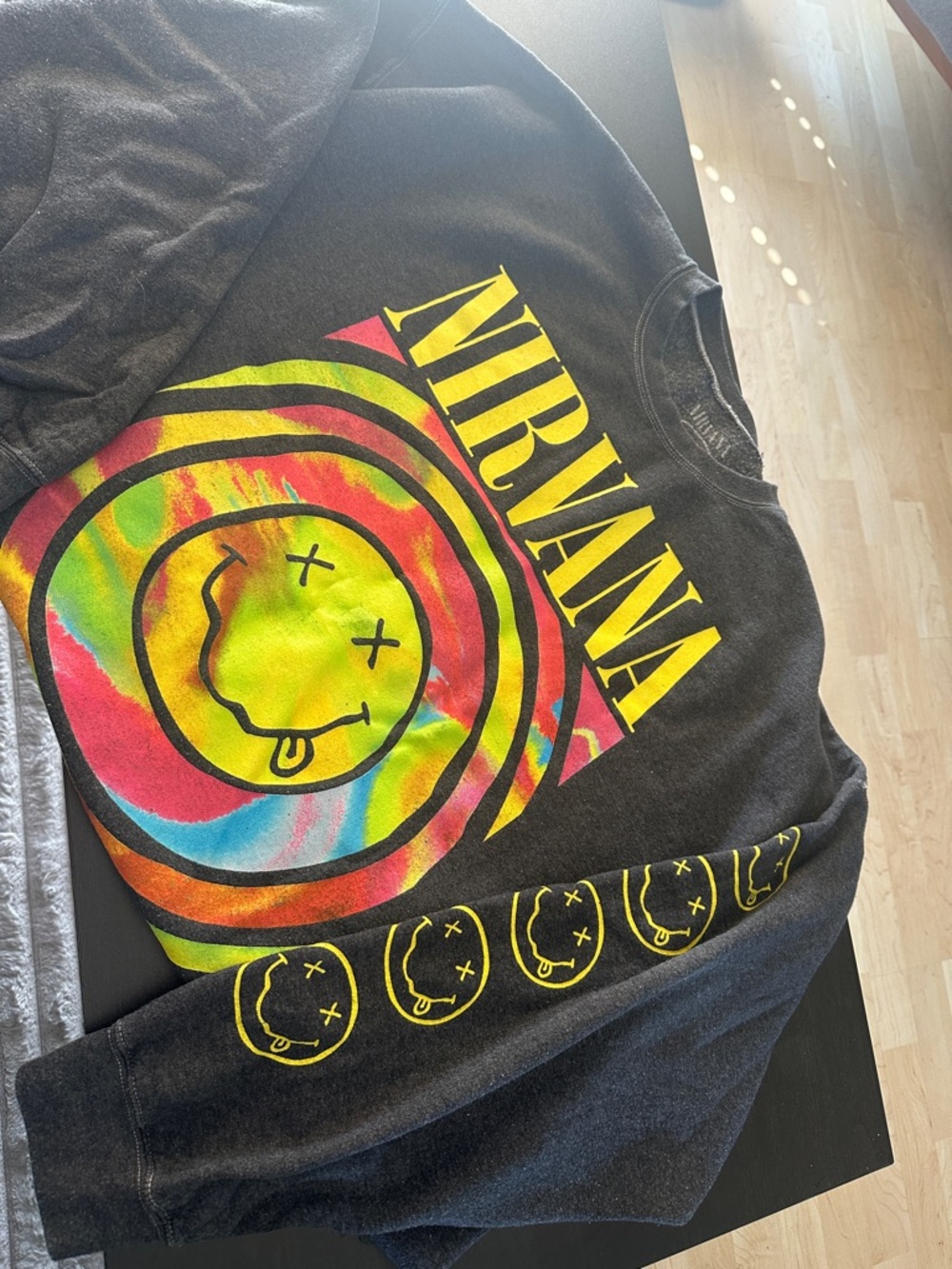 NIRVANA dark gray Tie-Dye Smile Logo Long Sleeve sweatshirt